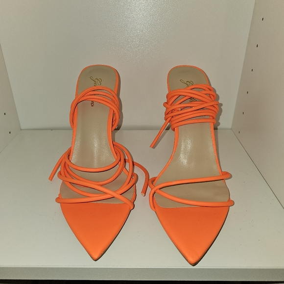 Neon Orange Strappy Sandals 11cm/ 4.33 inch Neon Heel Size 8.5 - Picture 9 of 11